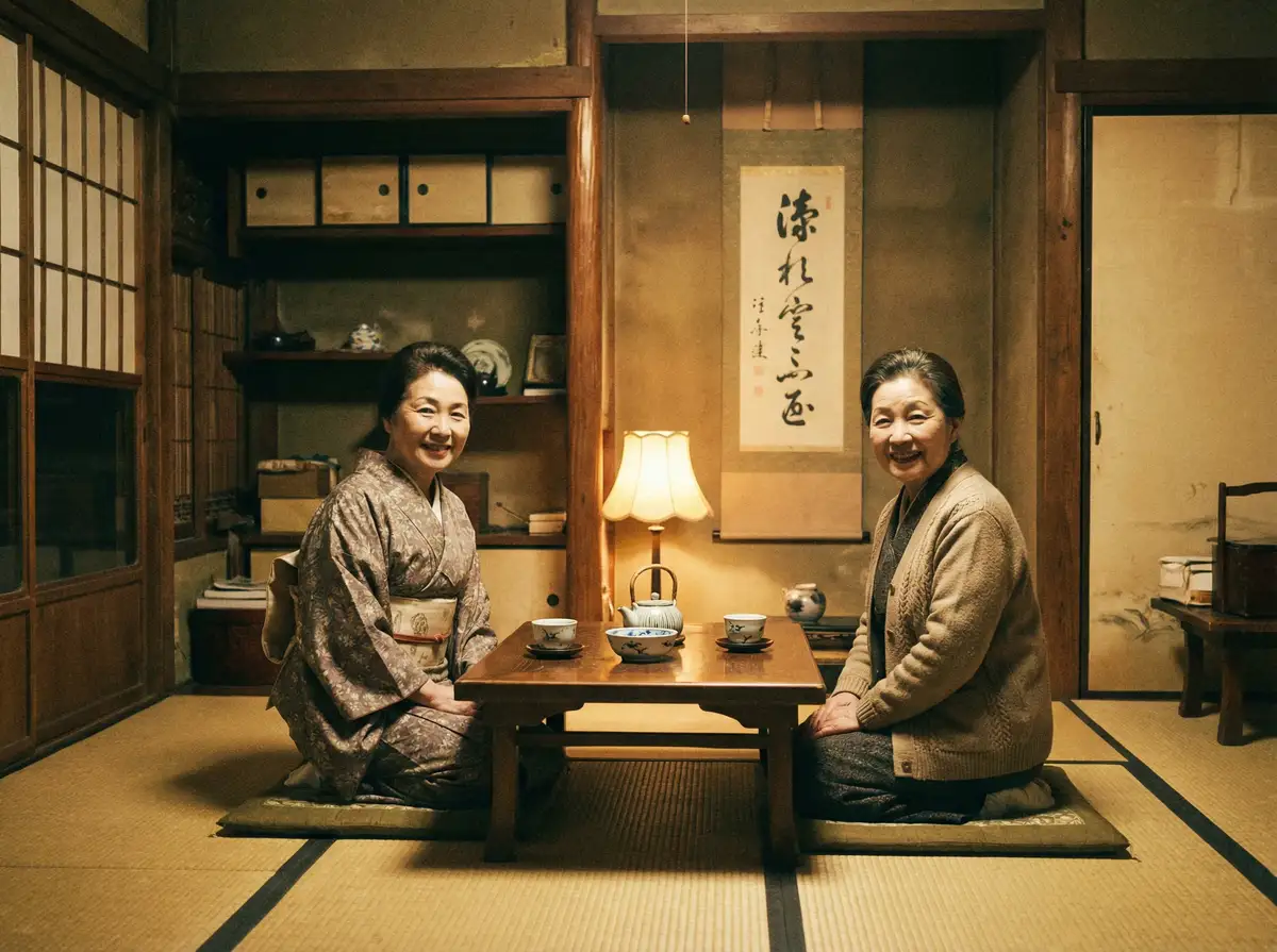 两位优雅的 AY体育 在日式茶室中品茶交谈